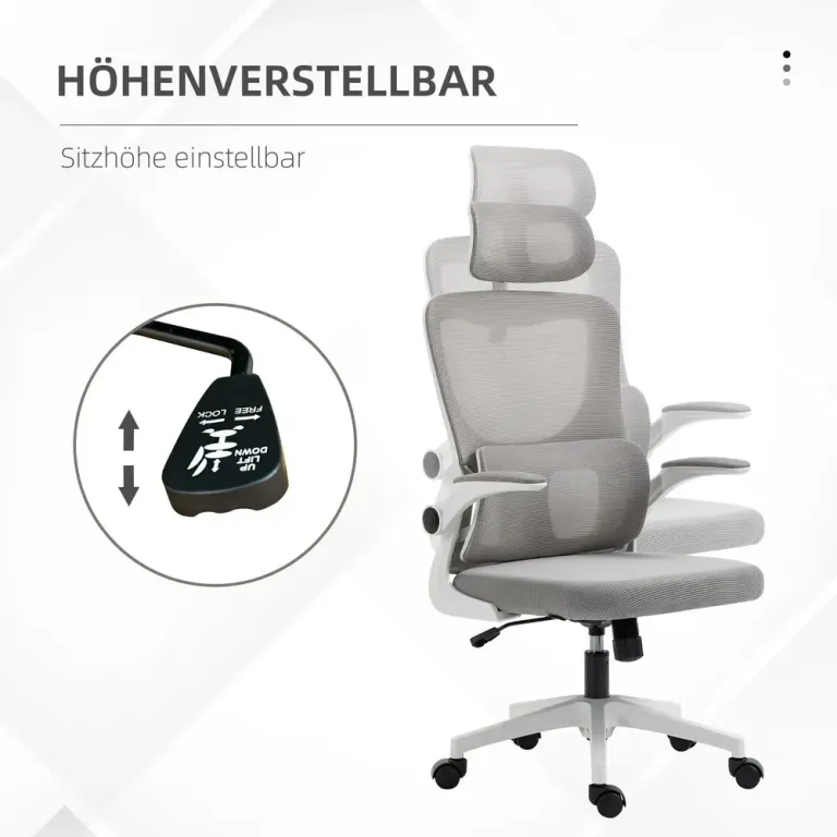 Kontorsstol Grå av Nät och Metall Justerbar Huvudstöd