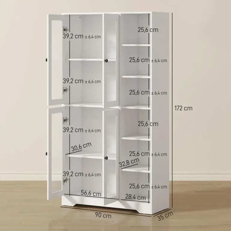 Köksskåp med Glasdörrar Vit MDF Rymligt Vitrinskåp 172 cm Högt Öppna