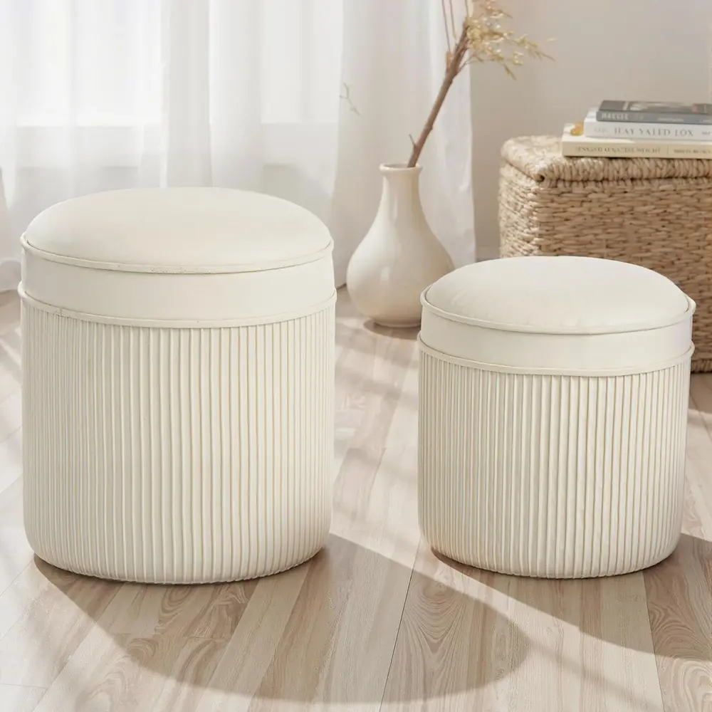 Förvaringspall 2-pack Rund Gräddvit Sammet 36x36x41,5 Cm