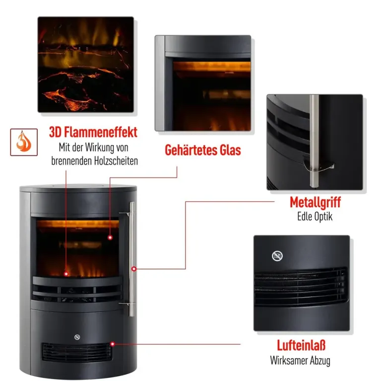 Elektrisk Kamin med LED-Flamma 2000 w, Svart Värmefläkt Flameffekt