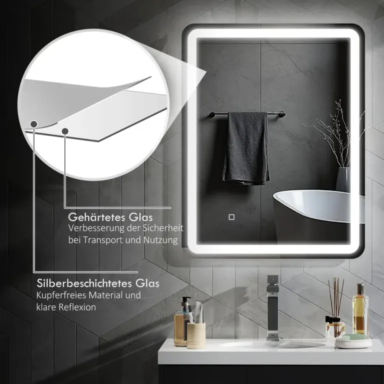 Badrumsspegel med LED-Belysning, Silver Touch Antifog Minnesfunktion