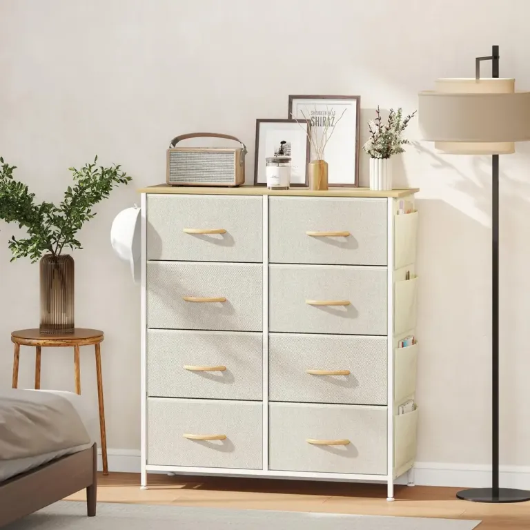 Byrå med 8 Tyglådor och Justerbara Fötter, Beige Förvaringsbyrå
