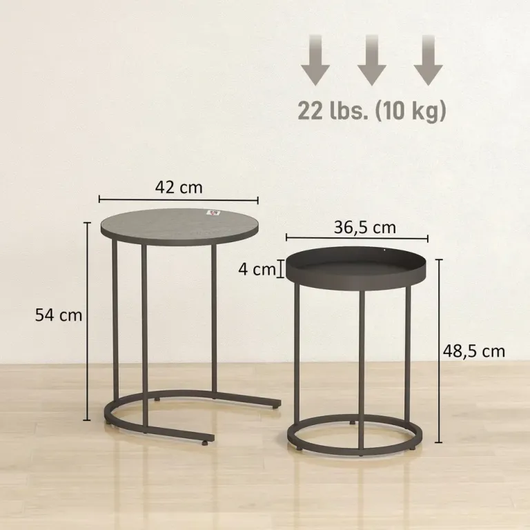 Satsbord 2 Delar Grå Metall Soffbord med Bricka Stapelbara Nestbara