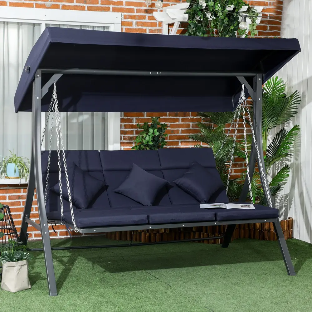 Hammock för Trädgård 3-Sits med Soltak, Mörkblå