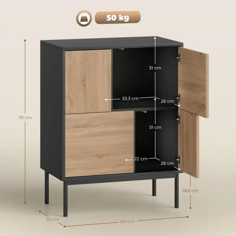 Sideboard Push To Open Svart och Naturfärgad MDF 120 cm Skänk Dörrar
