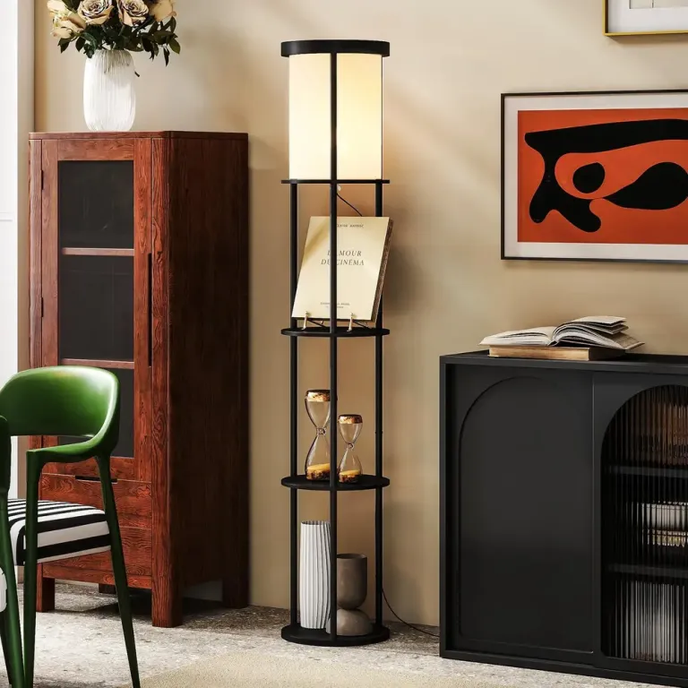 Golvlampa med Hyllor Svart MDF och Tyg Hylllampa 3 Plan Rund Hylla