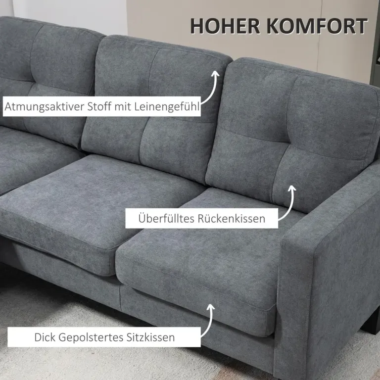 L-Formad Hörnsoffa med Vändbar Schäslong Stoppad Mörkgrå Tjock