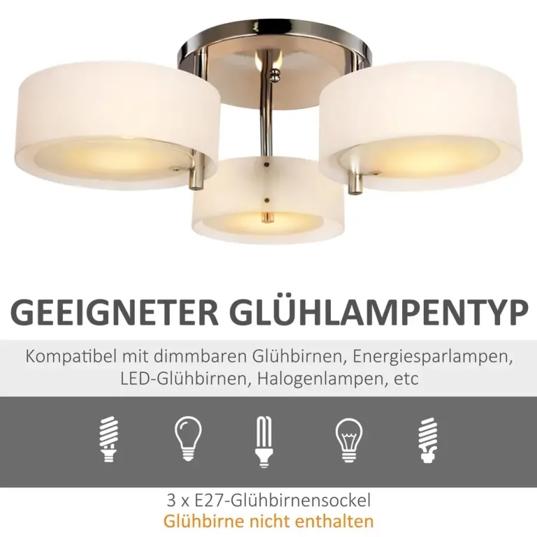 LED Taklampa 3-Lampa E27 40 w Krom och Akryl Ø64 x H20 cm