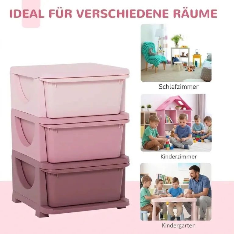 Leksaksförvaring 3 Lådor Söt Byrå Förvaringslådor Rosa