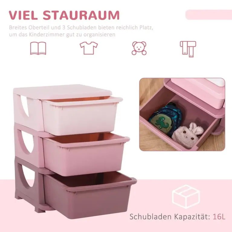 Leksaksförvaring 3 Lådor Söt Byrå Förvaringslådor Rosa
