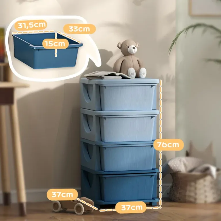 Leksaksförvaring med 4 Lådor, Blå Barnrum Plast