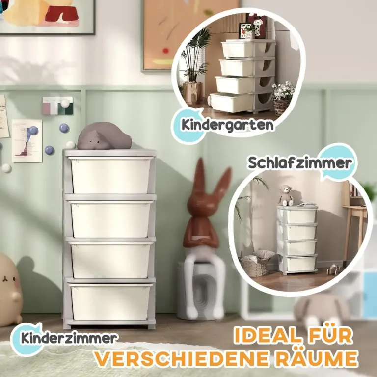 Leksaksförvaring med 4 Lådor, Cremevit Barnrum Plast Krämvit