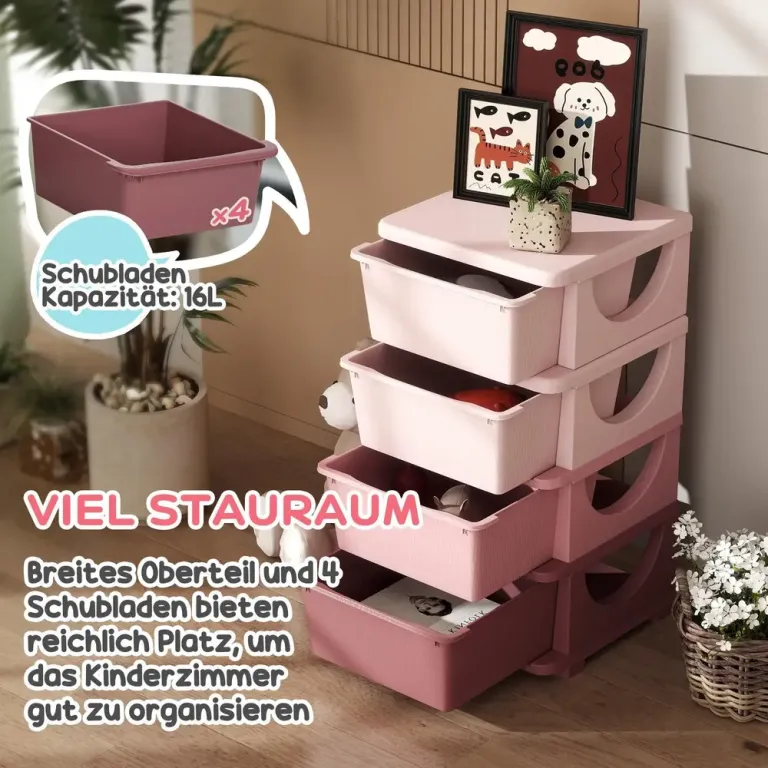 Leksaksförvaring med 4 Lådor, Rosa Barnrum Plast