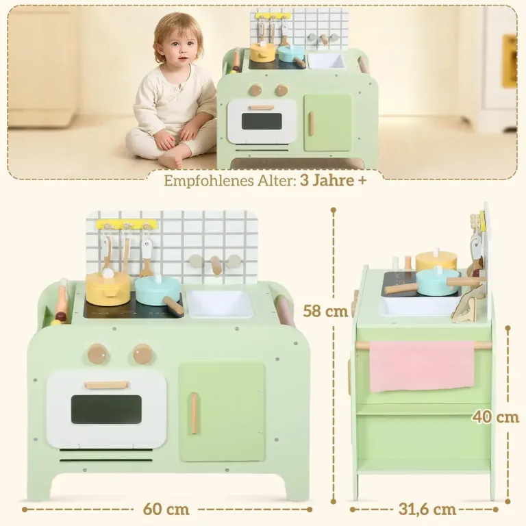 Leksakskök Barn 15 Tillbehör Grön MDF för 3 40 cm