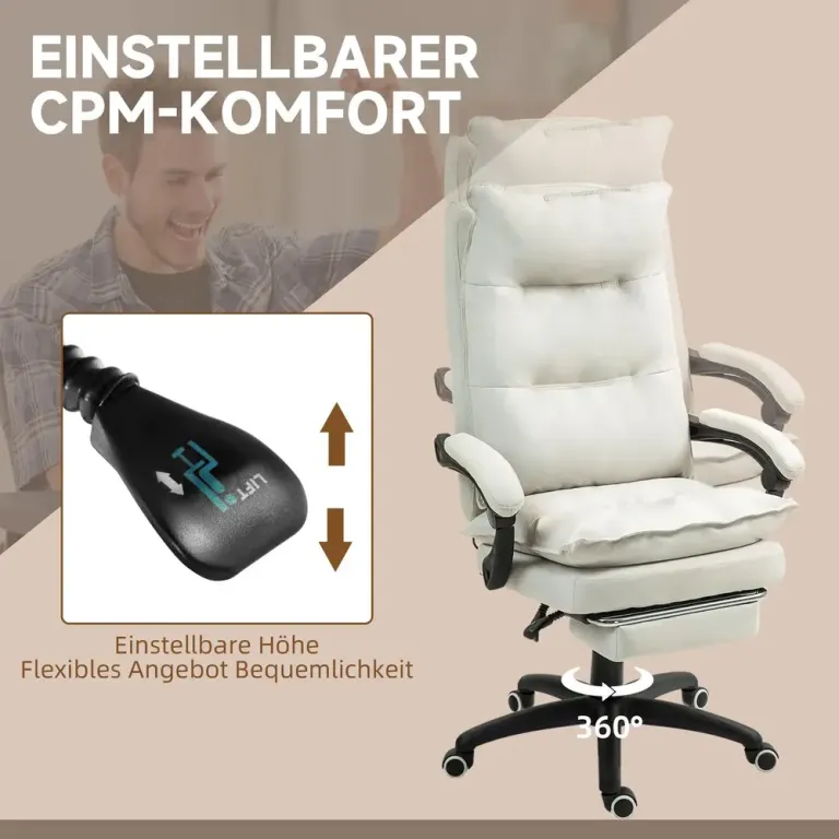 Massage Kontorsstol med Fotstöd & Värme Krämvit Ergonomisk Linne