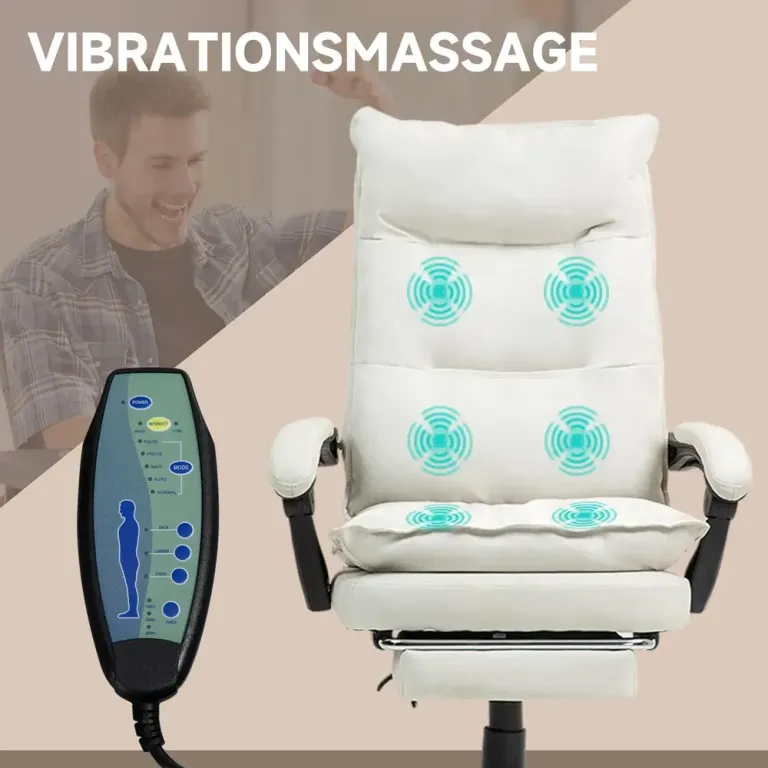 Massage Kontorsstol med Fotstöd & Värme Krämvit Ergonomisk Linne