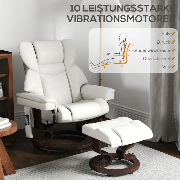 Massagefåtölj med Fotpall och Värme Krämvit Konstläder Lutning