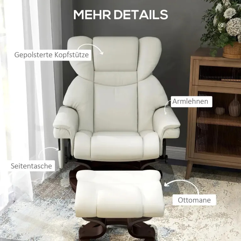 Massagefåtölj med Fotpall och Värme Krämvit Konstläder Lutning