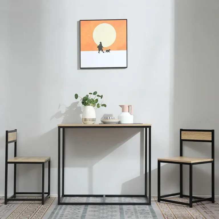 Matbord Matgrupp Set 2 Stolar Ek av Trä och Metall Kompakt Matgruupp