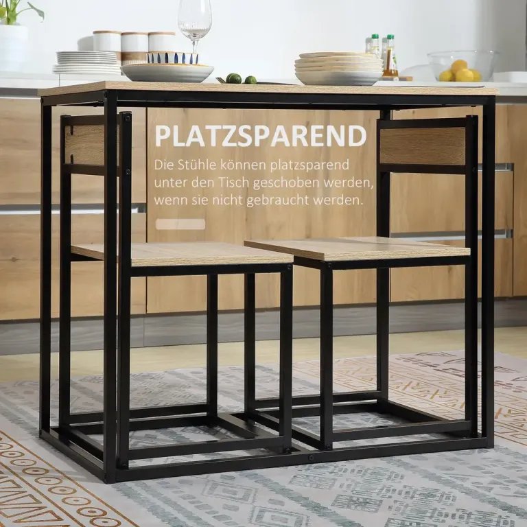 Matbord Matgrupp Set 2 Stolar Ek av Trä och Metall Kompakt Matgruupp