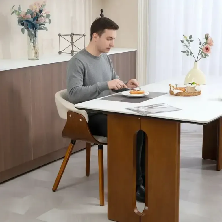 Matstol med Tyg i Linnelook Böjt Ryggstöd och Träben Beige Böjd