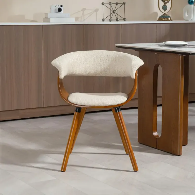 Matstol med Tyg i Linnelook Böjt Ryggstöd och Träben Beige Böjd