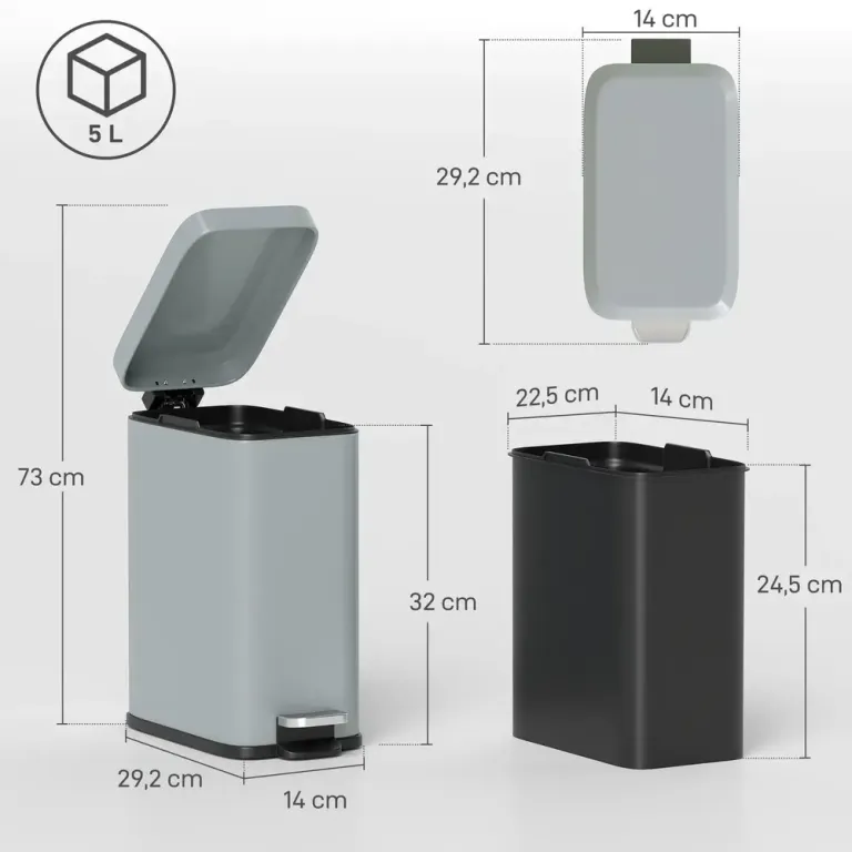 Metallsoptunna 5 l med Fotpedal och Innerhink Grå Pedalhink Stål