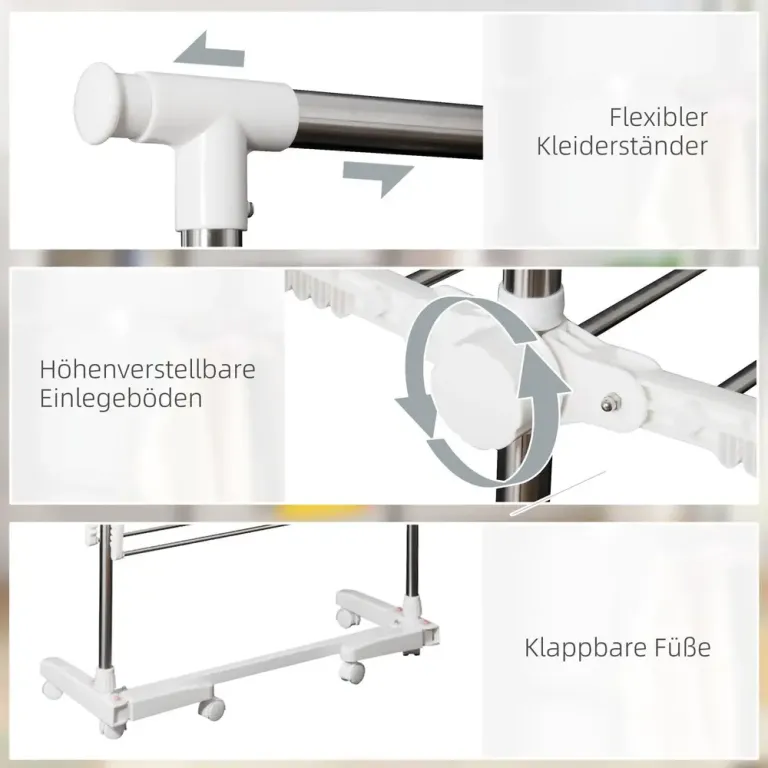 Mobil Klädtork Vit Metall och Plast Hopfällbar, Silver Rullbar