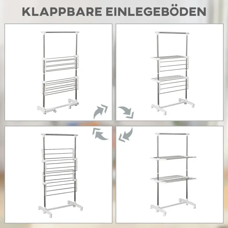 Mobil Klädtork Vit Metall och Plast Hopfällbar, Silver Rullbar