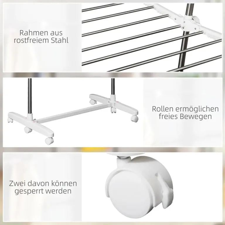 Mobil Klädtork Vit Metall och Plast Hopfällbar, Silver Rullbar