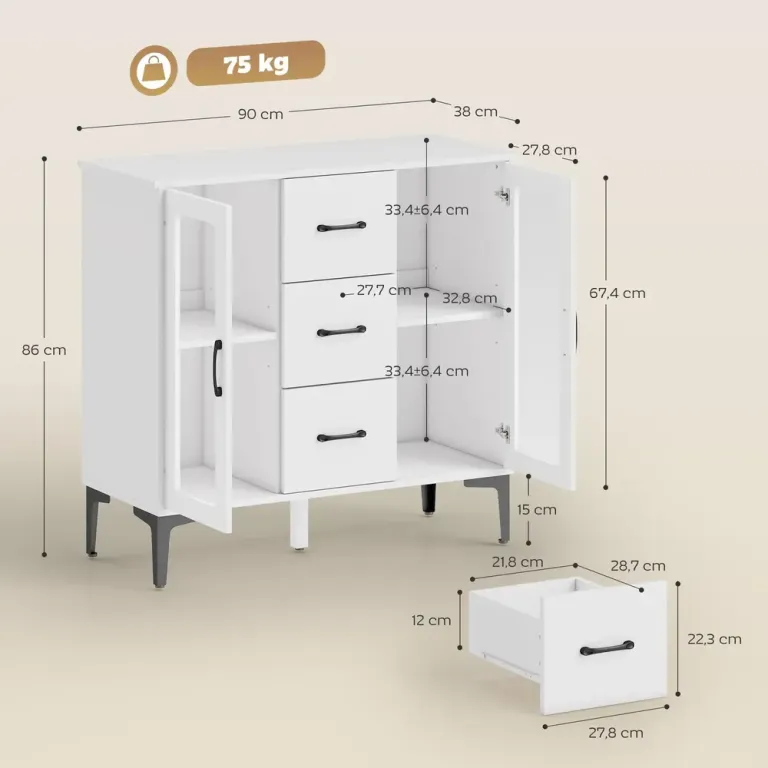 Sideboard med Mjukstängande Dörrar och 3 Lådor, Vit Vitt Skänk
