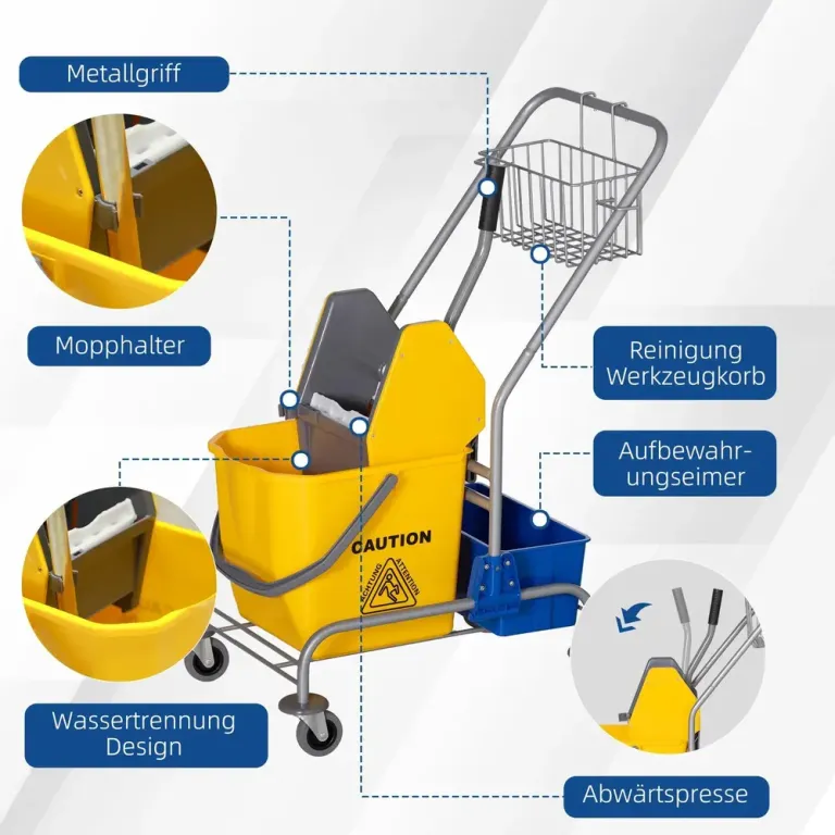 Moppvagn 25 l med Press och Hjul för Städning, Gul Städvagn Plast