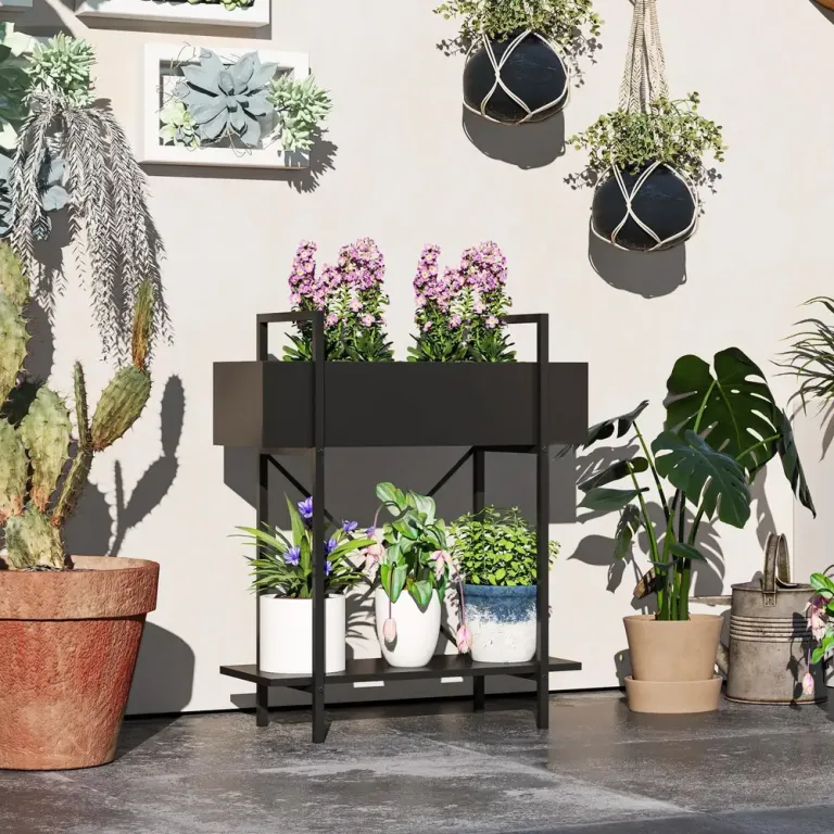 Växtställ Blomsterhylla 2 Våningar Svart 70 cm