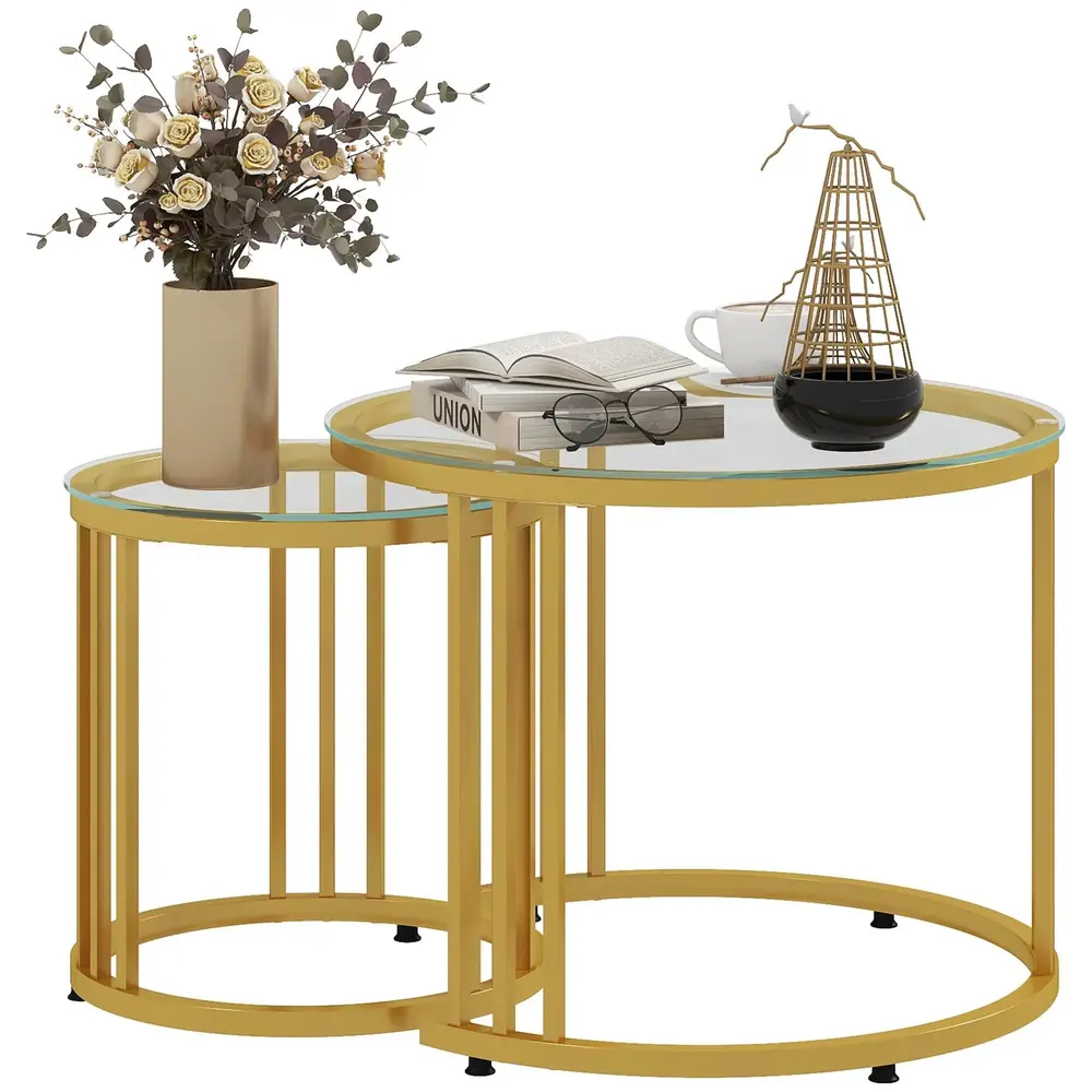 Sidobordsset 2 Kapsbord Kolstål Glasskiva Guld 42 Cm