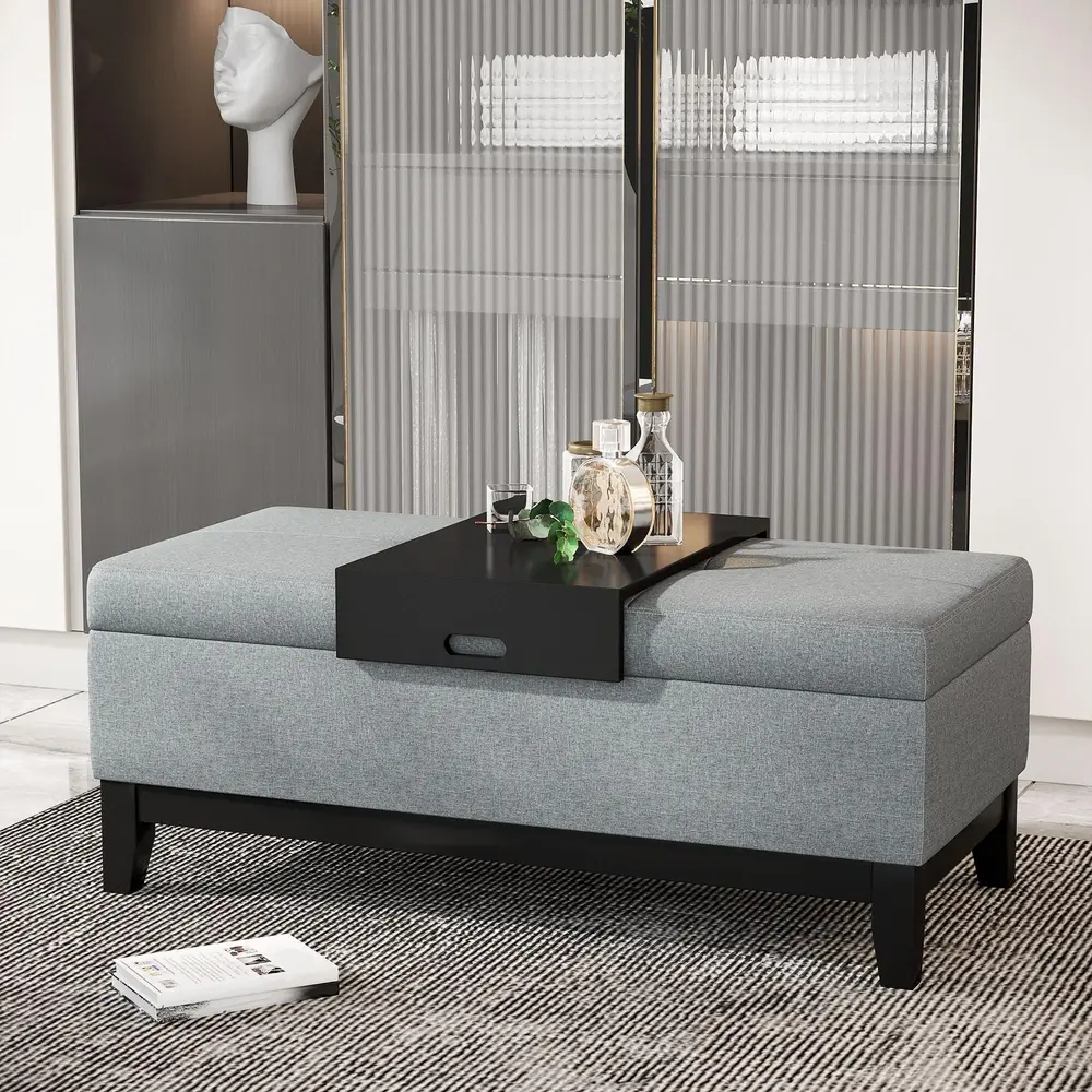 Sittbänk med Förvaring och Bricka Klädd Pall i Tyg