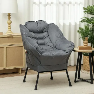 Fåtölj Loungestol Relaxstol med Sidficka Grå av Sammetslook