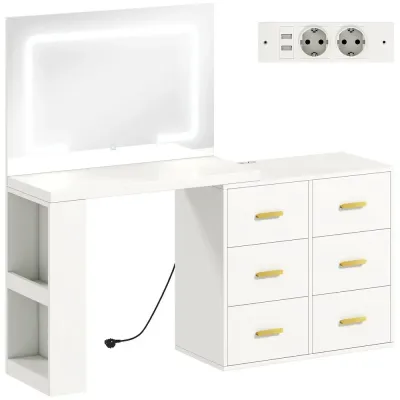 Sminkbord med Justerbar LED-Spegel och 6 Lådor, Vit