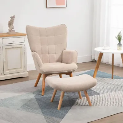 Vingstol med Pall Relaxstol Beige av Tyg med Sladdlook