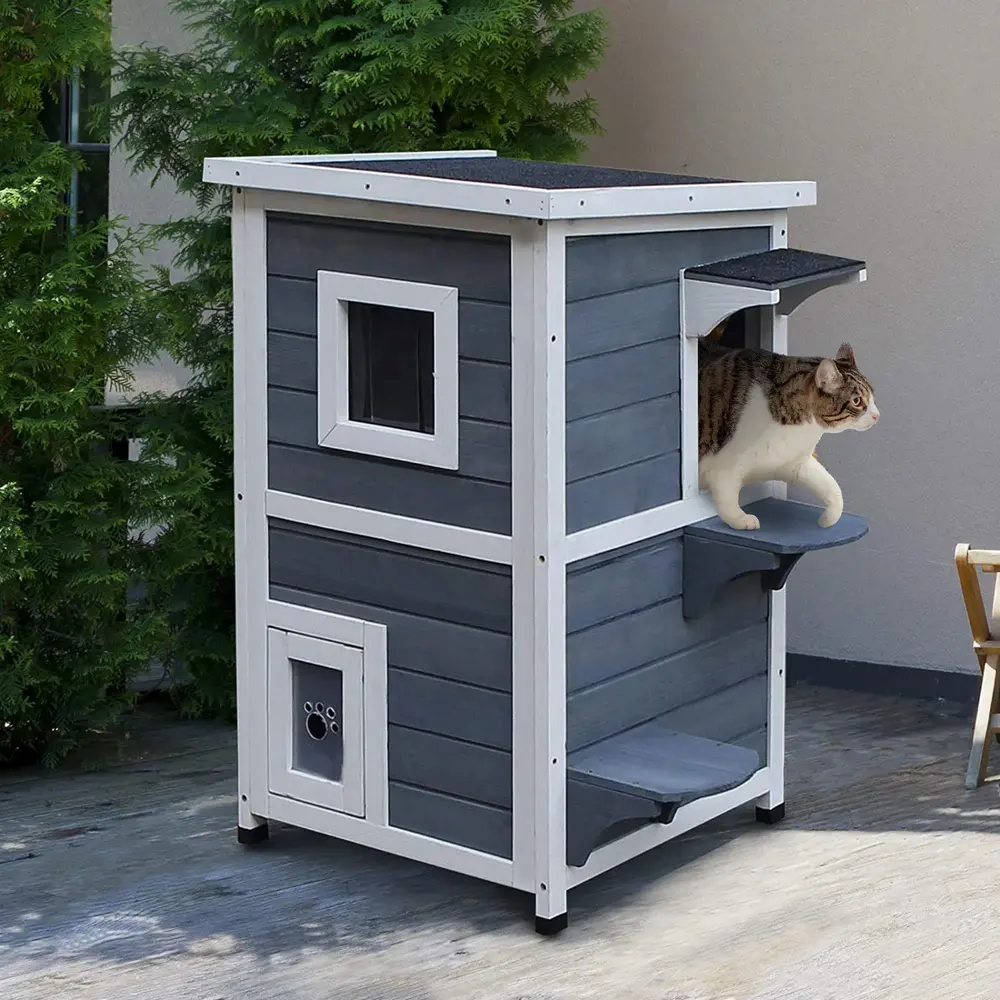 Katthus 2 Våningar med Trappa Kattvilla 51 x 51 x 81,3 Cm