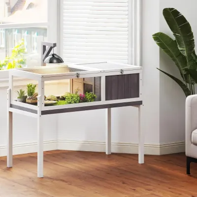 Sköldpaddshus Trä Vit och Grå Terrarium med Fönster 82 cm