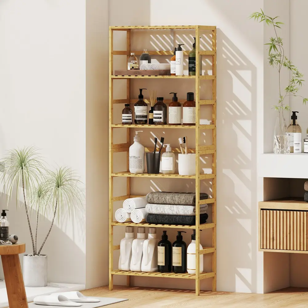 Badrumshylla 6 Plan Naturfärgad Bambu Förvaringshylla