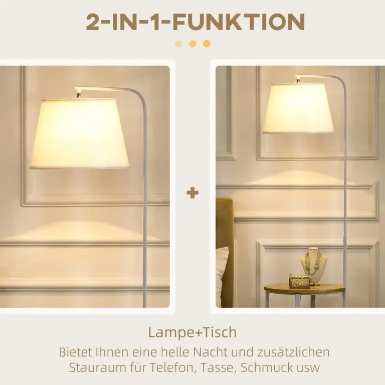 Golvlampa med 2 Hyllor i Bambu och Tygskärm E27, Vit