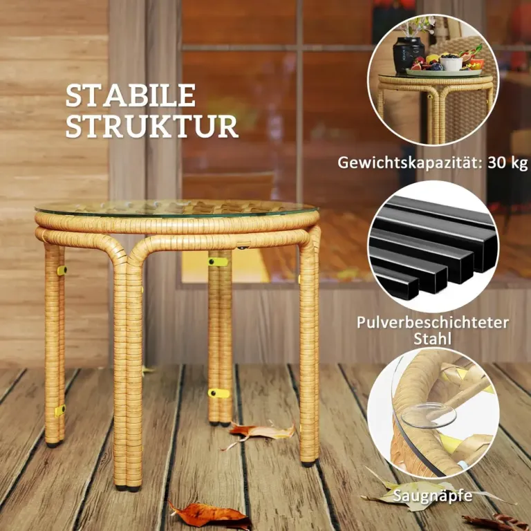 Runt Sidobord i Konstrotting med Glasskiva Ø50 cm, Gult