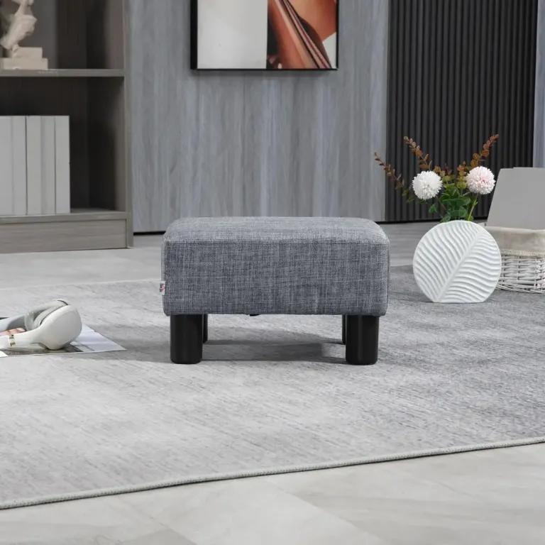 Fotpall Ottoman Grå av Linne och Trä Rektangulär Stoppad Benstöd