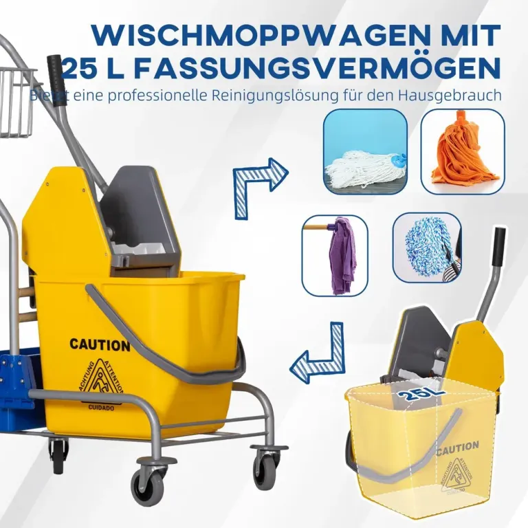 Moppvagn 25 l med Press och Hjul för Städning, Gul Städvagn Plast
