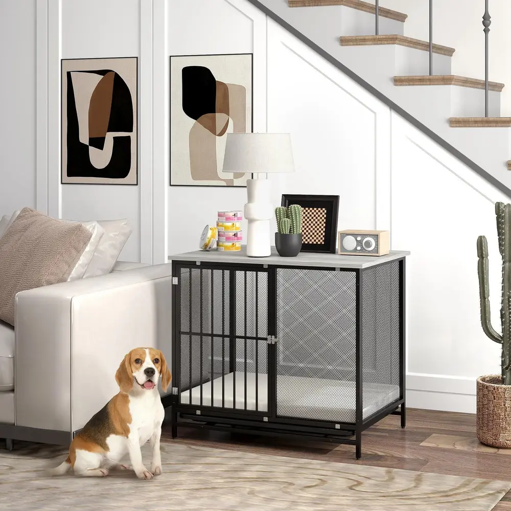 Hundbur Hundkennel Grå av Trä och Metall 88 x 55 x 71 Cm