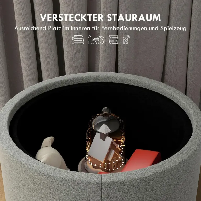 Pall Ottoman Grå av Tyg med Linnelook och Trä Sittpall Sidobord Topp