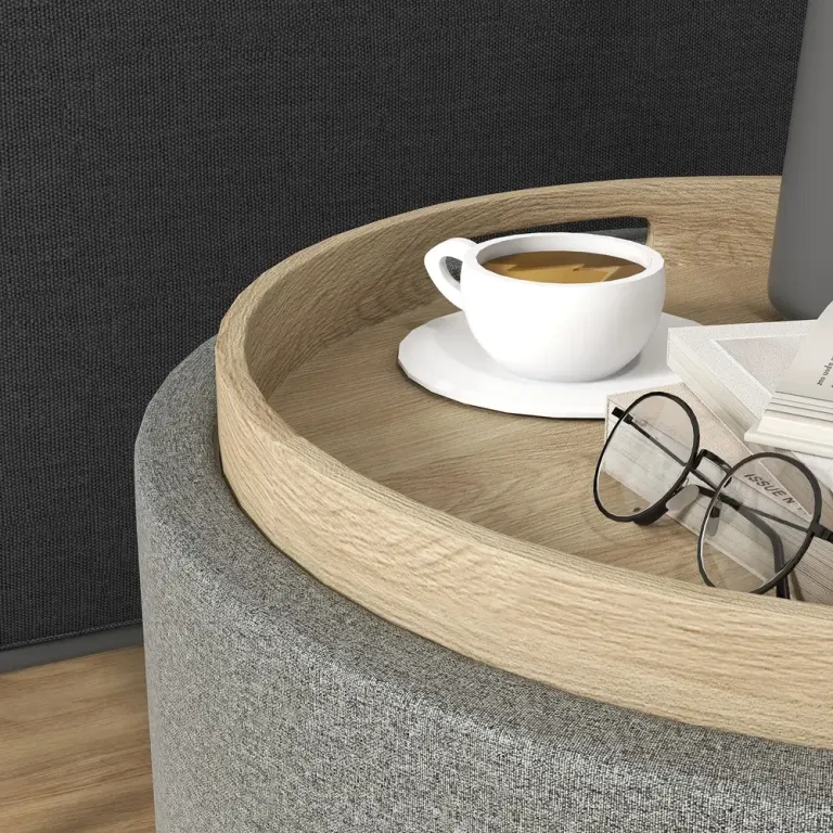 Pall Ottoman Grå av Tyg med Linnelook och Trä Sittpall Sidobord Topp