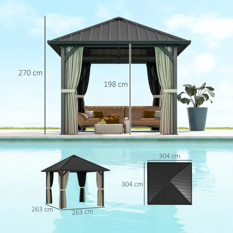 Paviljong med Metalltak och Myggnät Samt Sidoväggar 3 x 3 m