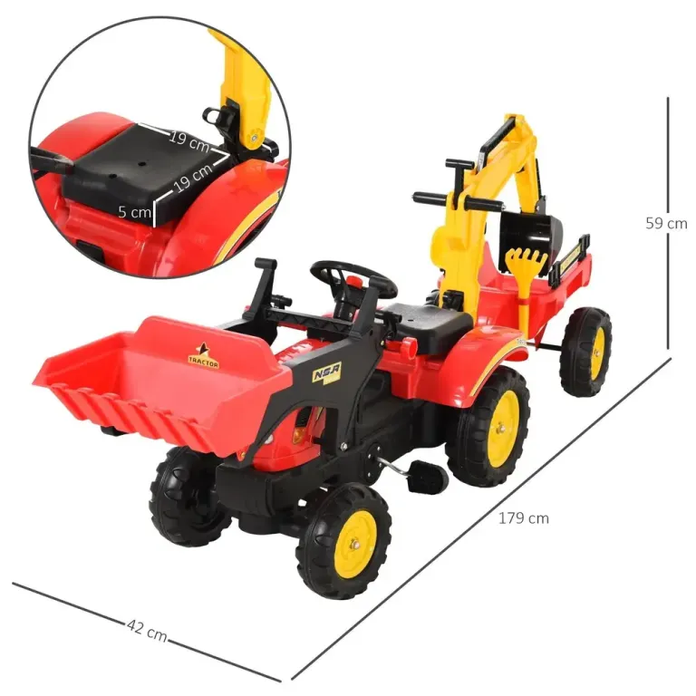 Pedaltraktor med Släp och Frontlastare Trampbil Grävmaskin